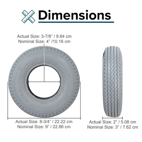 2.80/2.50-4 (9x3) Pneumatic Mobility Tire with C178G Power Edge Sawtooth Tread, featuring a white, non-marking rubber surface, shown with size comparison and measurements.