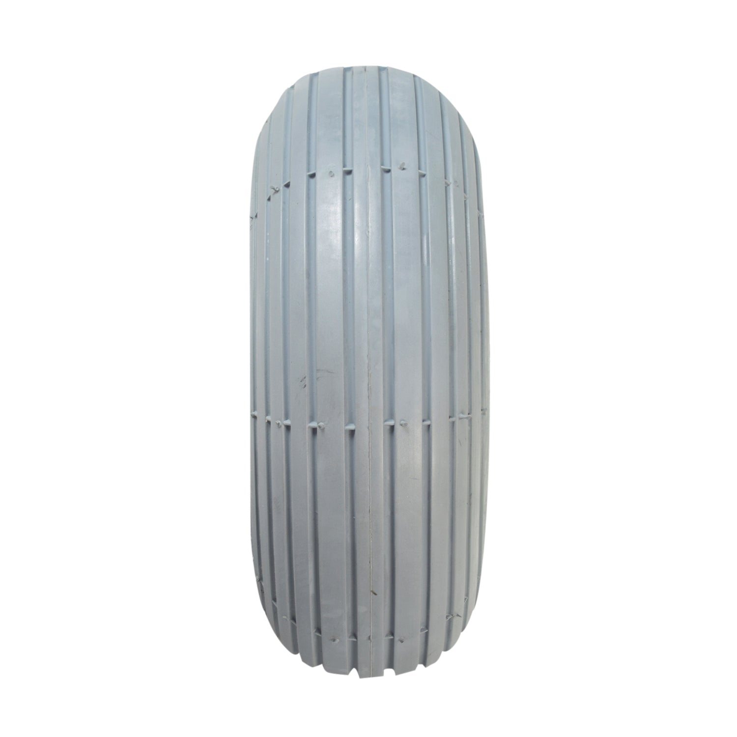 3.00-4 (10x3, 260X85) Foam-Filled Mobility Tire with C170G Spirit Ribbed Tread, featuring a solid, non-marking gray rubber and metal rivets, suitable for mobility scooters and power chairs.