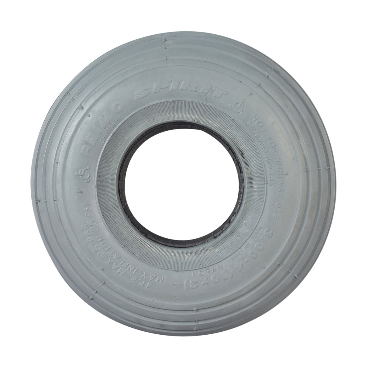 3.00-4 (10x3, 260X85) Foam-Filled Mobility Tire with C170G Spirit Ribbed Tread, showcasing a solid, flat-free, non-marking gray rubber design, ideal for use on mobility scooters and power chairs.