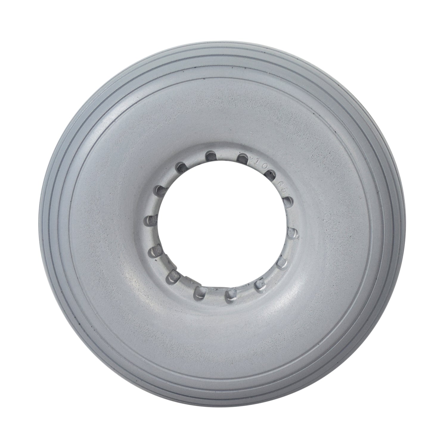 210x65 Solid Urethane Mobility Tire with Ribbed Tread, featuring a circular shape and central hole, suitable as a replacement rear tire for Permobil C300 series power chairs and similar models.