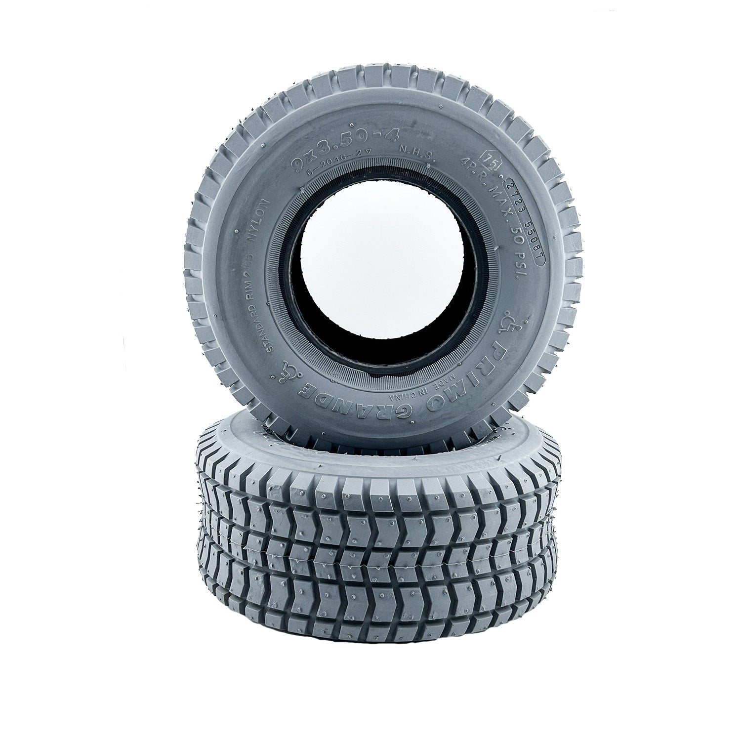 9x3.50-4 Pneumatic Mobility Tire with C203 Grande Knobby Tread, showing a close-up view of the tire's detailed tread pattern and robust design, ideal for mobility scooters and power chairs.