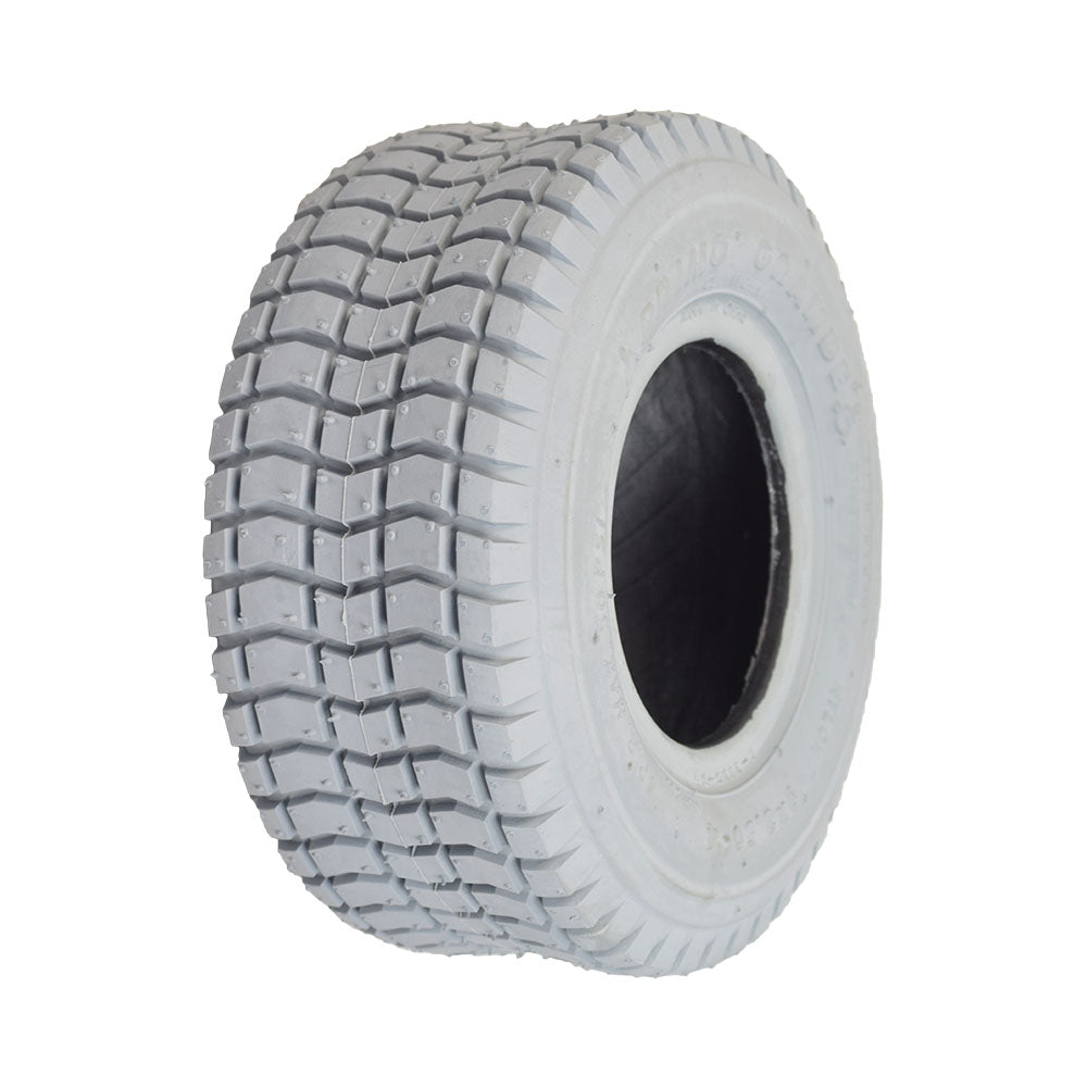 9x3.50-4 Mobility Tire and Inner Tube Set with Grande Tread, featuring a close-up of the knobby tread pattern on the white tire, suitable for mobility scooters and power chairs.