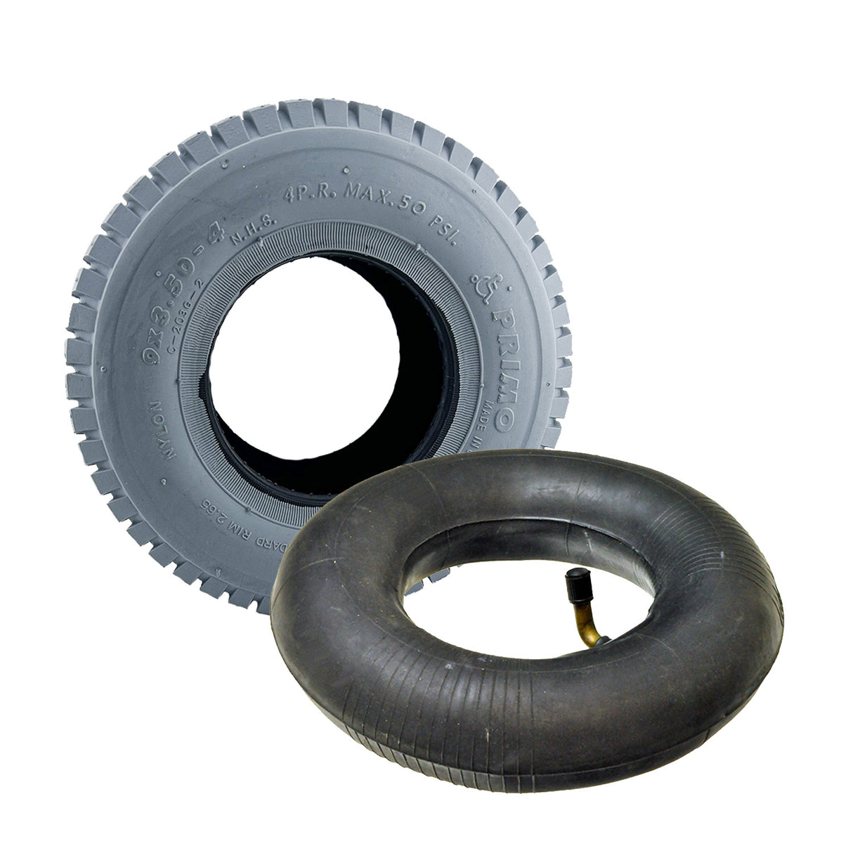 9x3.50-4 Pneumatic Mobility Tire with C203 Grande Knobby Tread shown with an optional inner tube featuring an angled valve stem. Ideal for power chairs and mobility scooters.