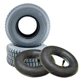 9x3.50-4 Pneumatic Mobility Tire with C203 Grande Knobby Tread, shown in a stack with visible treads, suitable for power wheelchairs and scooters, offering a smoother ride and non-marking gray rubber.