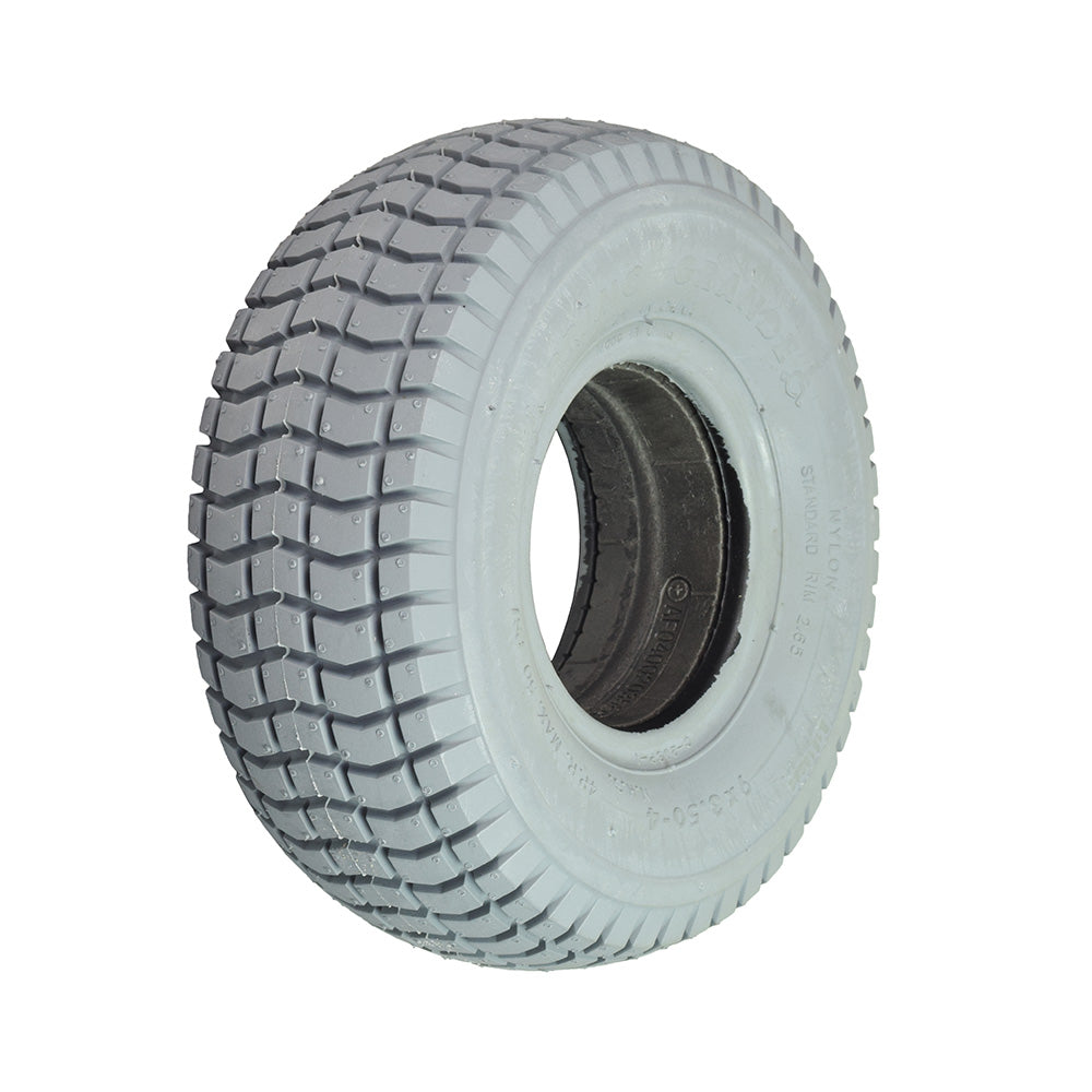 9x3.50-4 Foam Filled Mobility Tire with C203 Grande Knobby Tread: close-up of a white tire with a black center, designed for mobility scooters and power chairs, ensuring a flat-free experience.