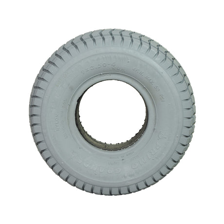 9x3.50-4 Foam Filled Mobility Tire with C203 Grande Knobby Tread, shown as a close-up of a white tire with a central hole, suitable for mobility scooters and power chairs.