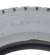 Close-up of the 2.50-8 Pneumatic Mobility Tire with C177G Power Plant Tread, highlighting the detailed knobby tread pattern and tire structure.