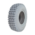 12x4 (4.10/3.50-5) Foam-Filled Mobility Tire with C156 Knobby Tread, featuring a white tire with a black center and a close-up of the knobby tread pattern.