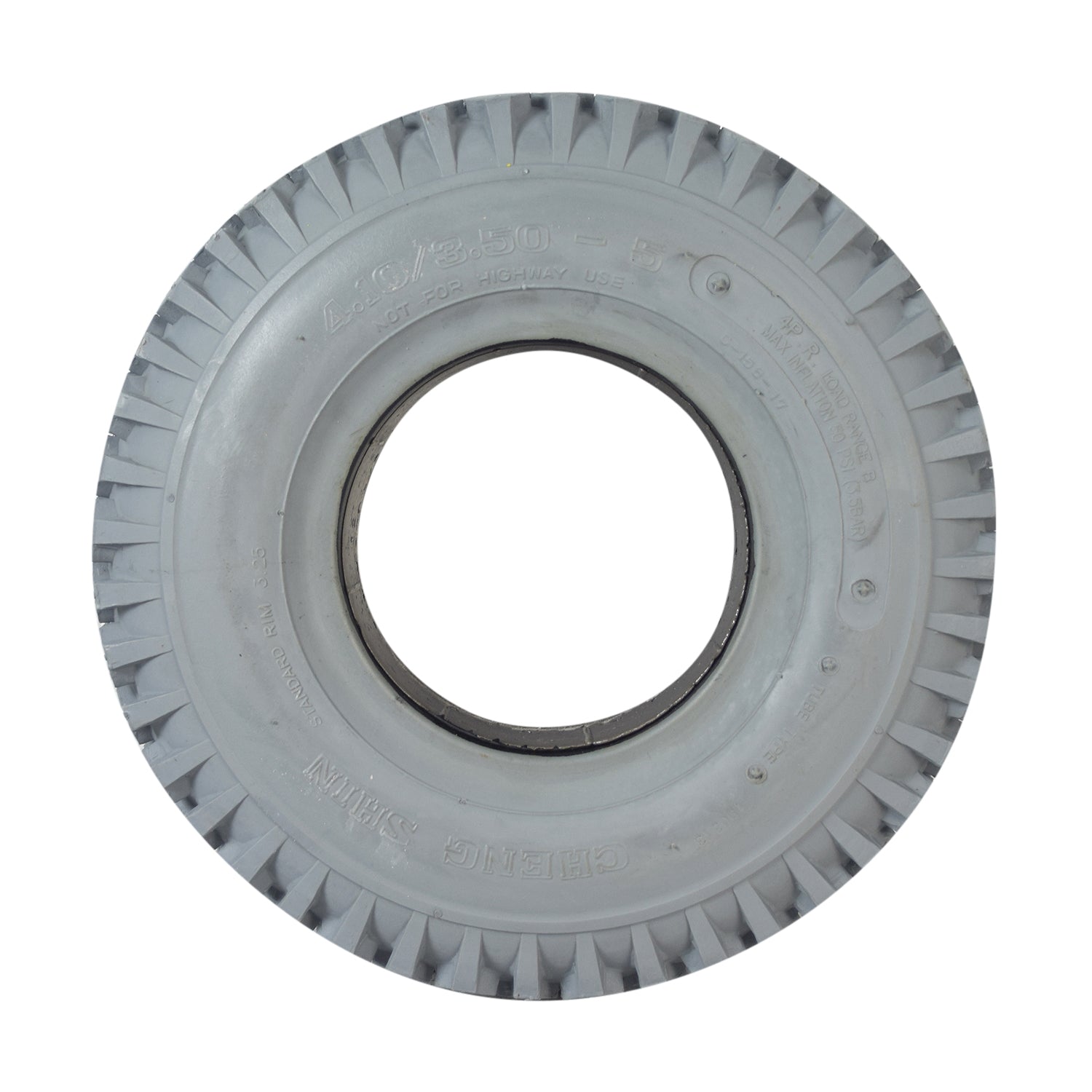 12x4 (4.10/3.50-5) Foam-Filled Mobility Tire with C156 Knobby Tread, featuring a white, circular design with a central hole, ideal for Invacare Panther MX-4 replacement.