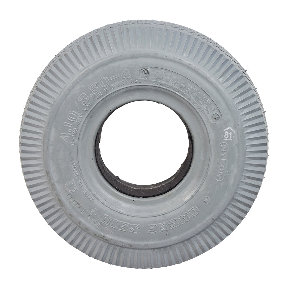 4.10/3.50-4 Foam-Filled Mobility Tire with C189 Sawtooth Tread, white wheel with central hole, suitable for mobility scooters and power wheelchairs.