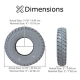 9x3 (2.80/2.50-4) Pneumatic Mobility Tire with Durotrap C9210 Tread, showing a close-up of tread patterns and tire size chart for smooth ride and water dispersal.