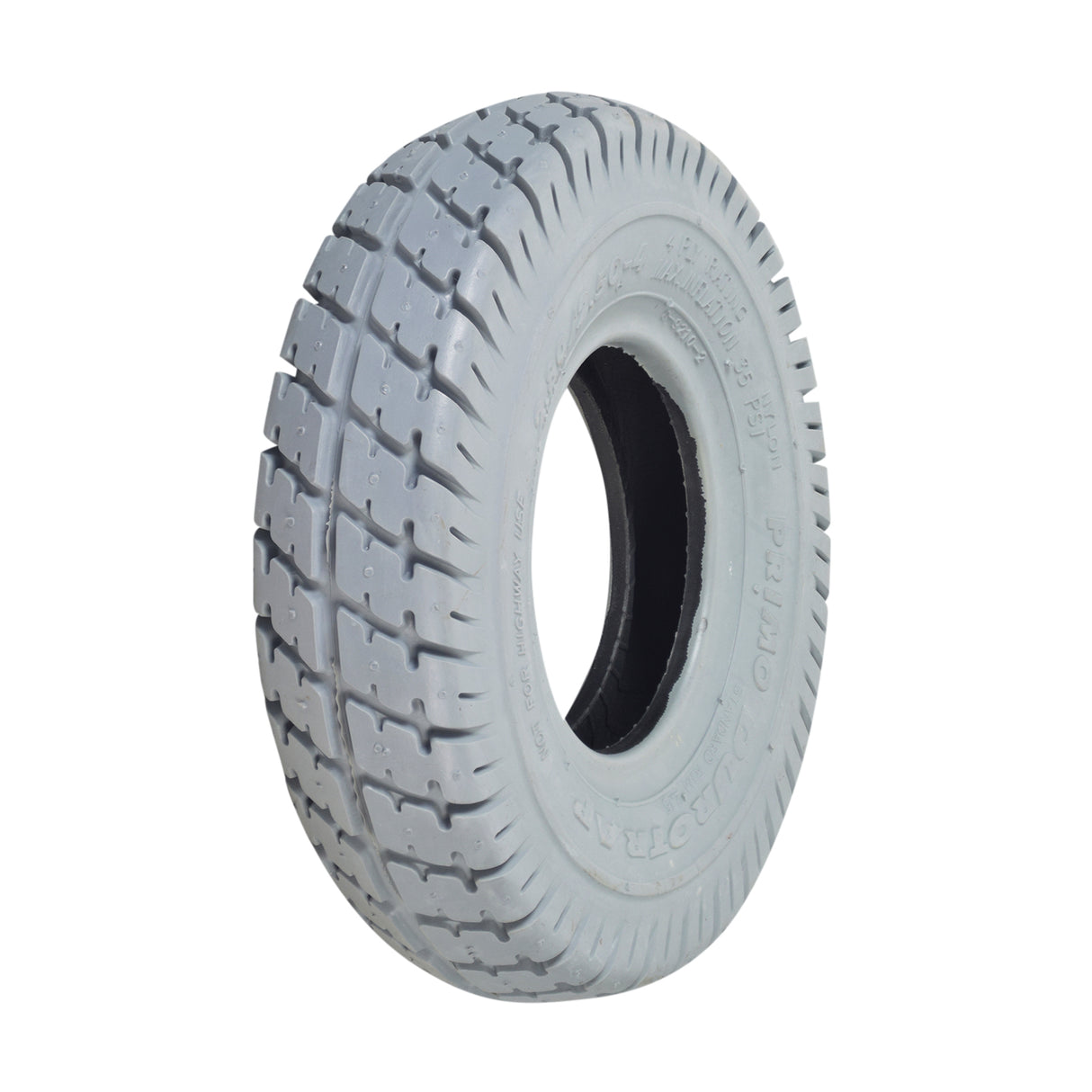 Close-up of the 9x3 (2.80/2.50-4) Pneumatic Mobility Tire with Durotrap C9210 Tread, highlighting the detailed grooves and smooth profile designed for efficient rolling and superior grip.