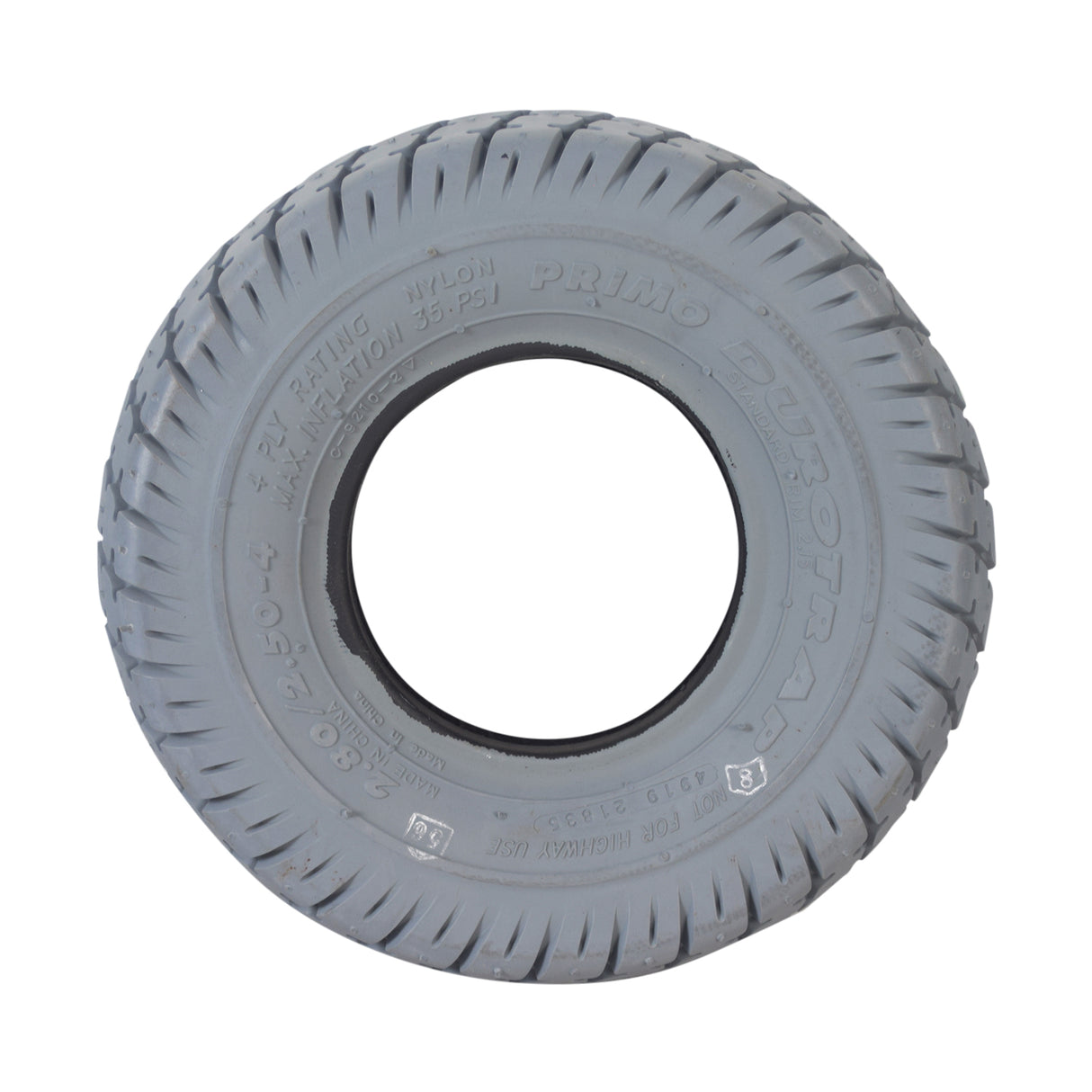 9x3 (2.80/2.50-4) Pneumatic Mobility Tire with Durotrap C9210 Tread, featuring a close-up of the grey rubber tire with a white center, highlighting its smooth profile and tread pattern.