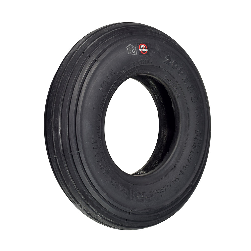 8x2 (200x50) Black Non-Marking Pneumatic Mobility Tire with C179G Spirit Ribbed Tread, showcasing a smooth black tire with a central hole, suitable for mobility scooters and power chairs.