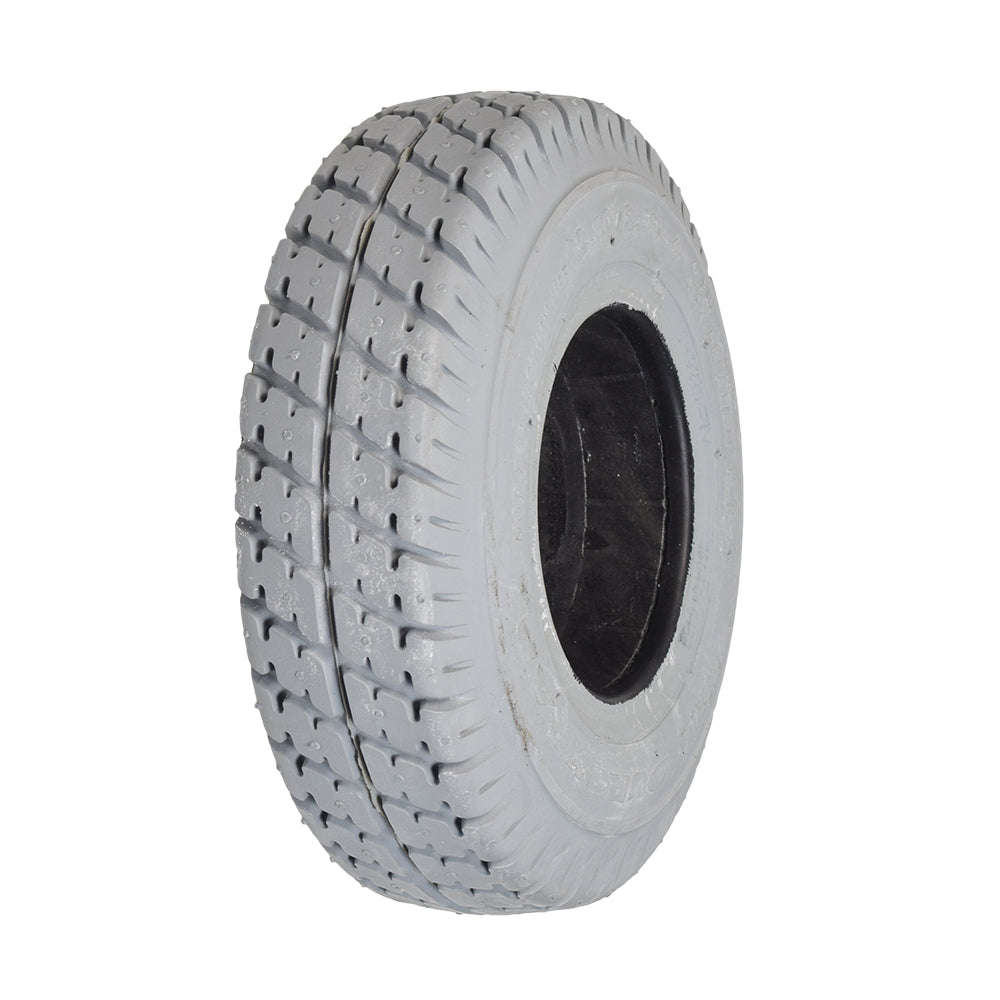 9x3 (2.80/2.50-4) Foam-Filled Mobility Tire with Durotrap C9210 Tread, featuring a white tire with a black rim and close-up of the detailed non-marking, foam-filled tread pattern.