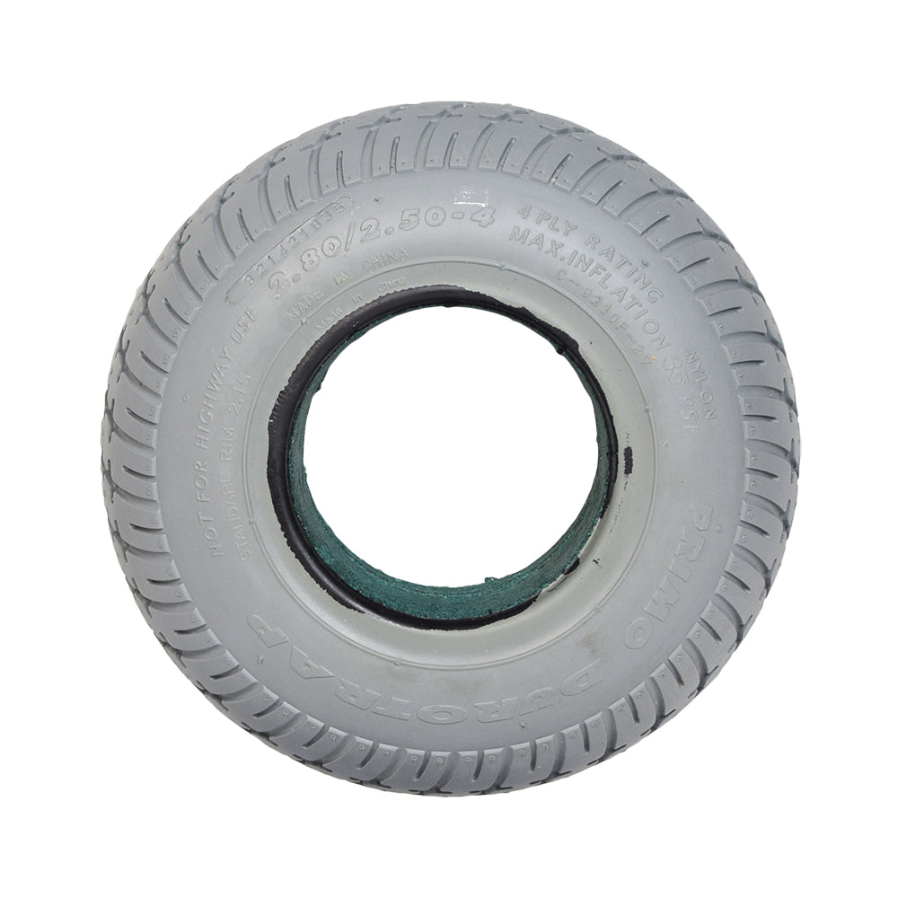 9x3 (2.80/2.50-4) Foam-Filled Mobility Tire with Durotrap C9210 Tread, featuring a smooth, round profile with in-cut grooves for superior grip and water dispersal, displayed on a white background.