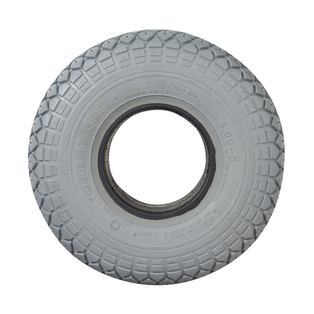 4.00-5 (13x4, 330x100) Foam-Filled Mobility Tire with C154 Diamond Tread, close-up view showing durable tread pattern and solid structure, ideal for mobility scooters and power chairs.