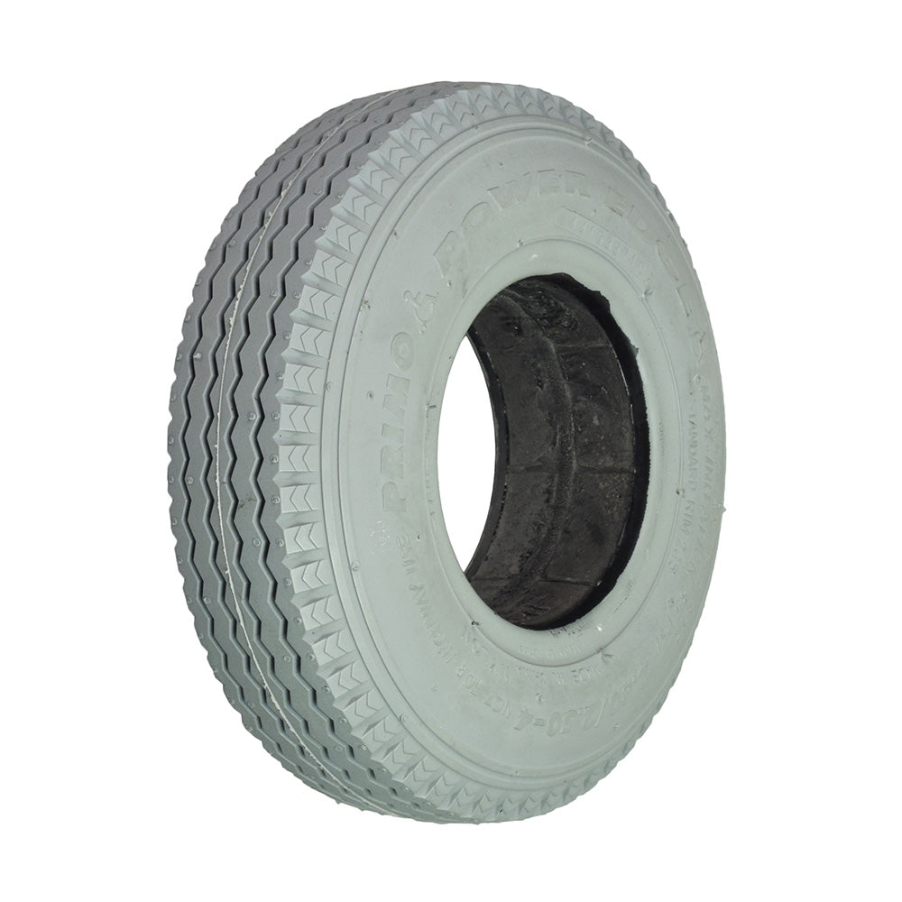 2.80/2.50-4 (9x3) Foam Filled Mobility Tire with C178G Power Edge Sawtooth Tread, close-up showing detailed tread pattern, designed for flat-free, reliable use on various surfaces.