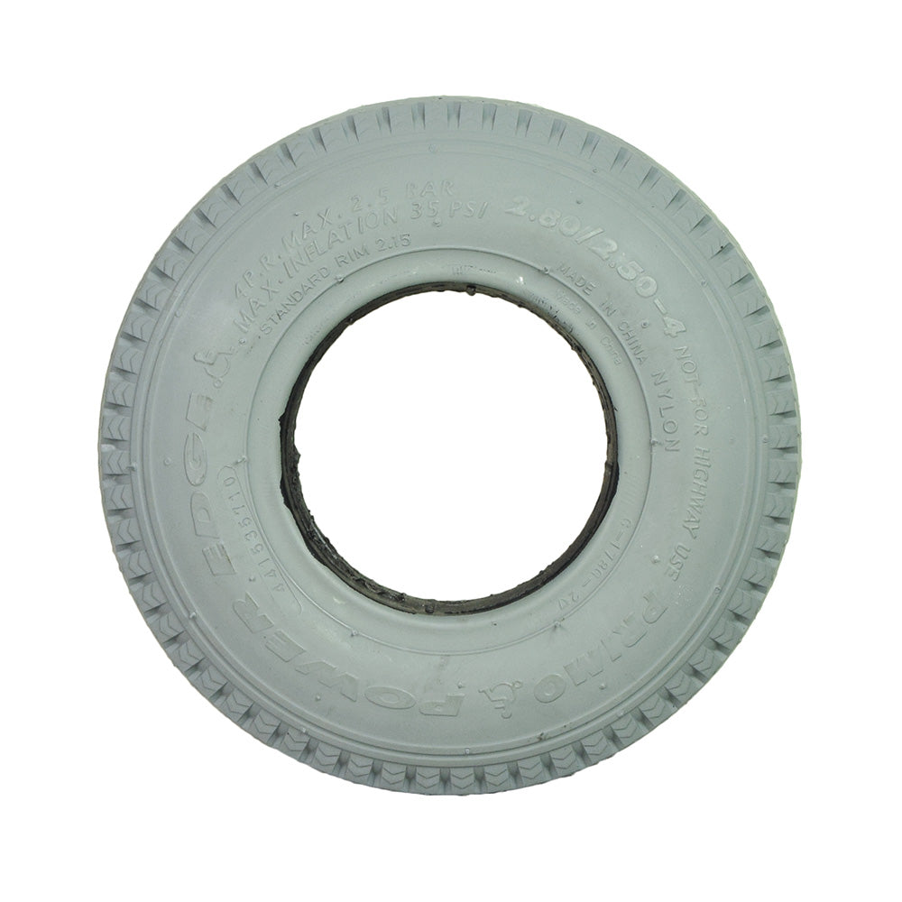 2.80/2.50-4 (9x3) Foam Filled Mobility Tire with C178G Power Edge Sawtooth Tread, featuring a white tire with a hole in the middle, designed for 4 diameter rims and flat-free use.