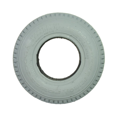 2.80/2.50-4 (9x3) Foam Filled Mobility Tire with C178G Power Edge Sawtooth Tread, featuring a white tire with a hole in the middle, designed for 4 diameter rims and flat-free use.