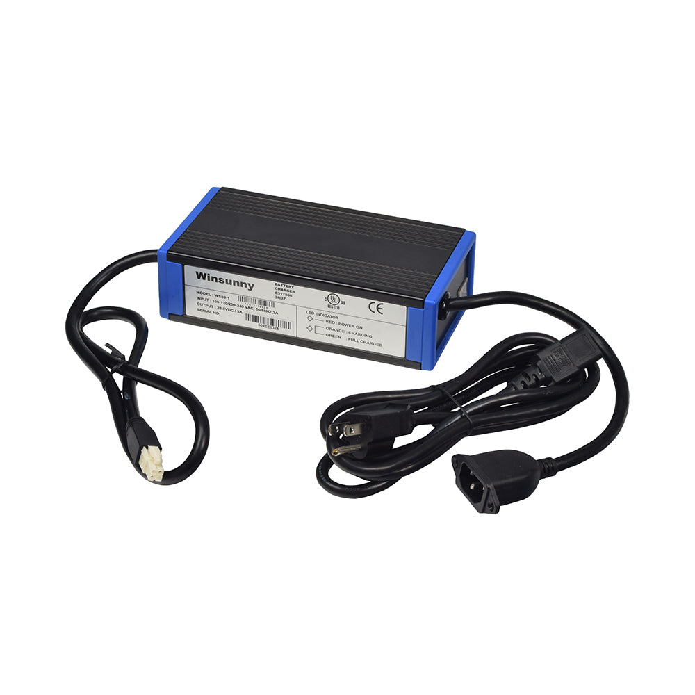 24 Volt 3.0 Amp On-Board Battery Charger for Invacare Pronto M50, M51, and M71 Power Chairs featuring a black cable, plug, and visible power supply components.