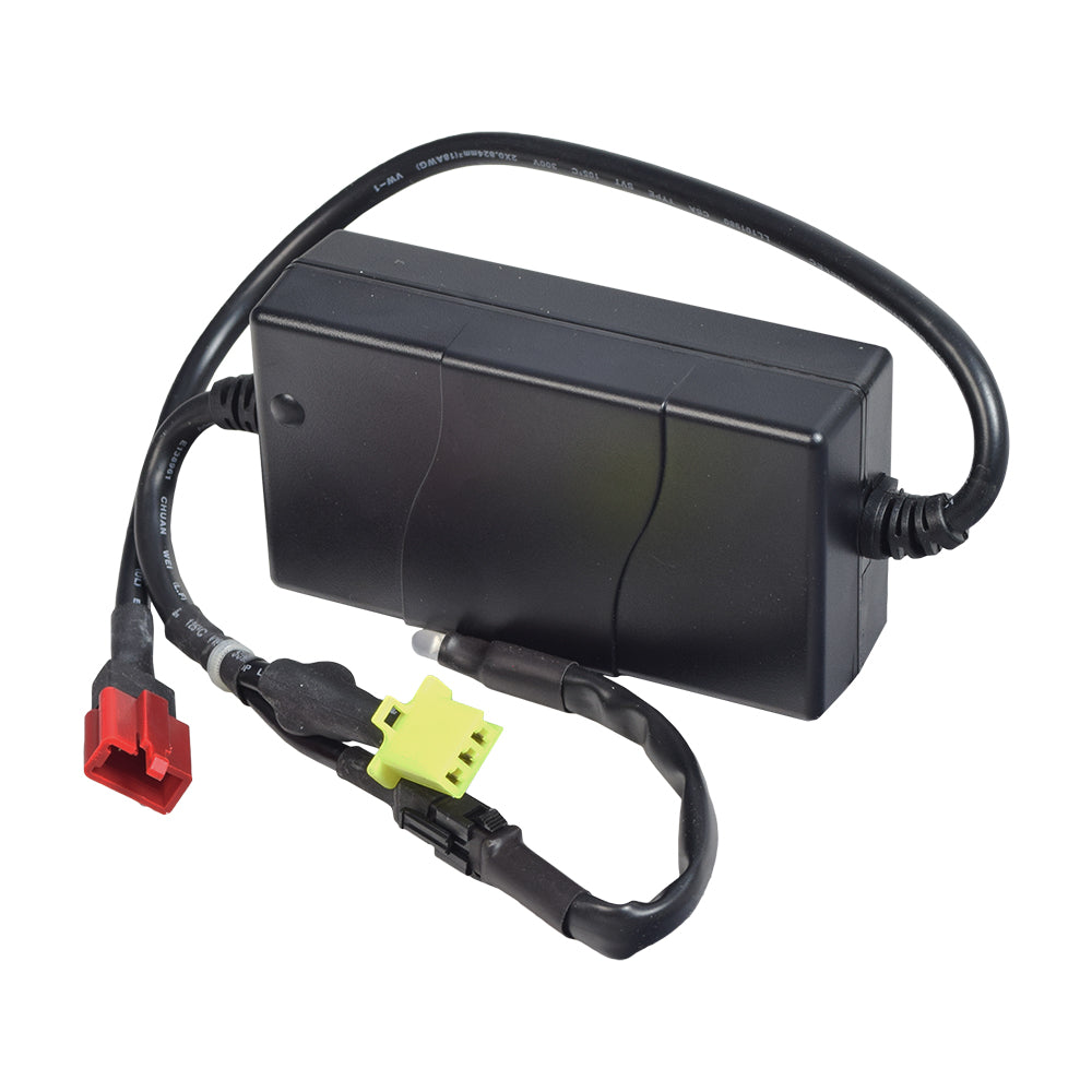 24 Volt 2.0 Amp On-Board Battery Charger for the Invacare Lynx L-3 and Lynx L-4 Mobility Scooters, featuring a black rectangular device with wires, yellow connector, and red and black connectors.