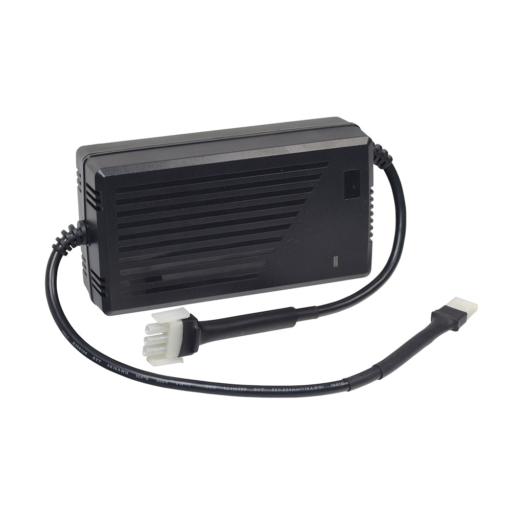 24 Volt 4.0 Amp On-Board Battery Charger for Pride Mobility Scooters, featuring a black rectangular design with an attached black cord for easy installation.