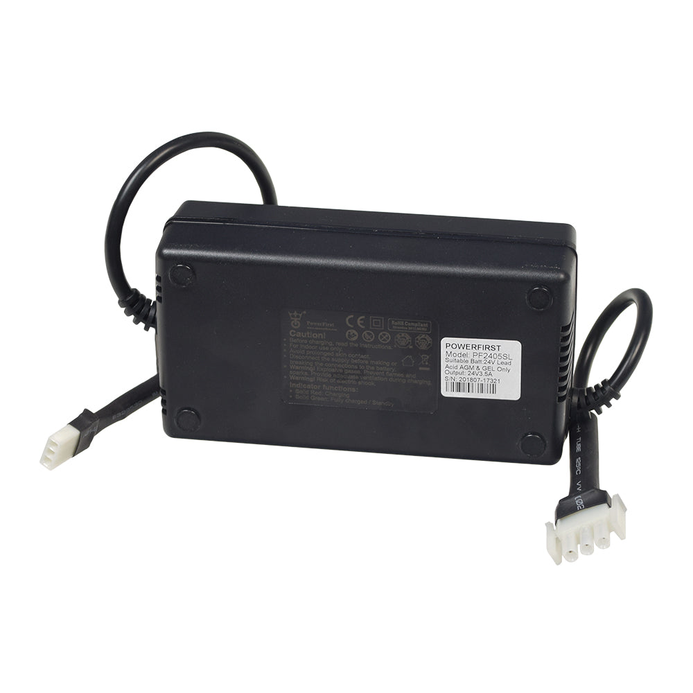 24 Volt 5.0 Amp On-Board Battery Charger for Jazzy Power Chairs, featuring a black rectangular unit with connected power cables and a visible label with a barcode.