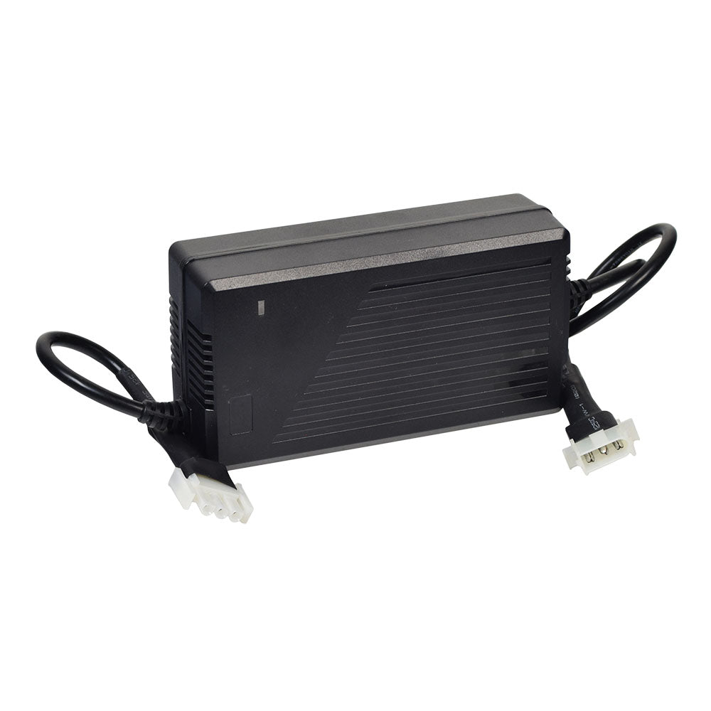 24 Volt 4.0 Amp PF2404SL On-Board Battery Charger for Jazzy 1103, 1113, 1133, & 1143 Power Chairs, showing black electronic device with cables and close-up of plug connectors.