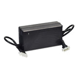 24 Volt 4.0 Amp PF2404SL On-Board Battery Charger for Jazzy 600, 600XL, & 610 Power Chairs, showing its black rectangular design with attached cables and close-up of connectors.