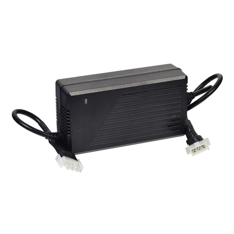 24 Volt 4.0 Amp PF2404SL On-Board Battery Charger for Jazzy Select 7, Select 14, & Z11 Power Chairs, featuring a black electronic device with cables and close-up views of connectors and plugs.