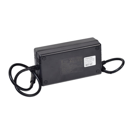 24 Volt 4.0 Amp PF2404SL On-Board Battery Charger for Jazzy 600, 600XL, & 610 Power Chairs, featuring a black power supply with attached black cords and connectors, and a white label.