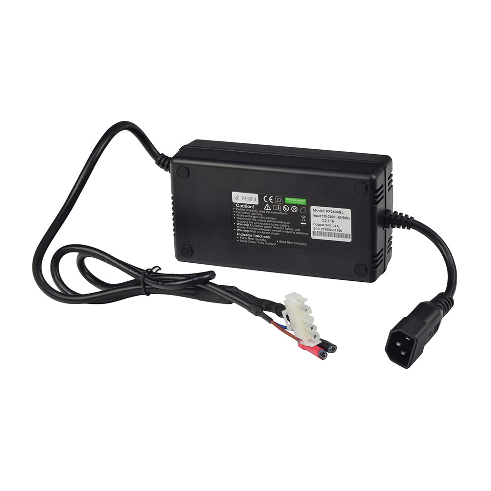 24 Volt 4.0 Amp On-Board Battery Charger for Rascal Scooters and Power Chairs, featuring a black power supply with attached cables and a white label displaying specifications.