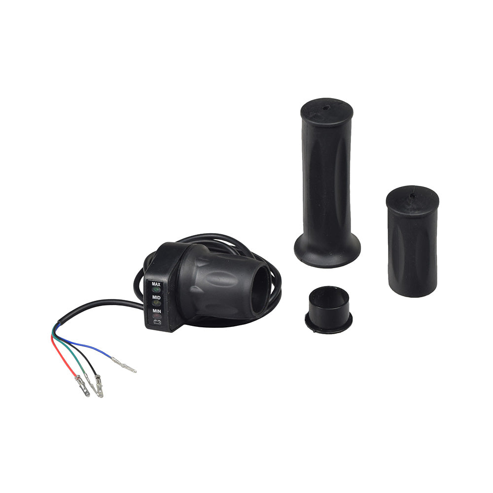 24 Volt 900 Watt Motor, Controller, & Throttle Kit featuring a black motor with attached wires and a round object, a controller, and a hand throttle.