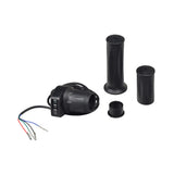 24 Volt 100 Watt Motor, Controller, and Throttle Kit featuring a black motor with attached wires, a chain sprocket, and two hand throttles, suitable for electric scooters and bikes.