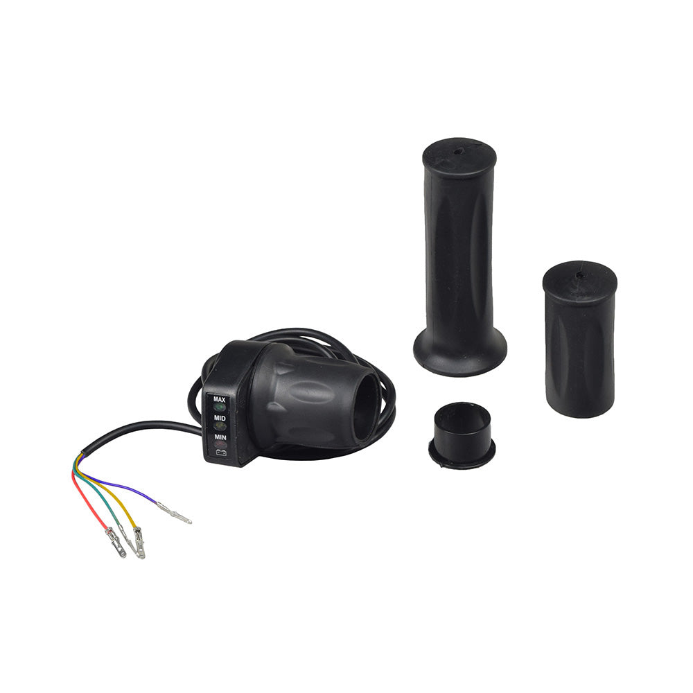 24 Volt 4 Wire Half Grip Twist Grip Throttle with LED Battery Level Meter, featuring multiple colored wires and a black cylindrical body with an integrated cable for electric scooters and mopeds.