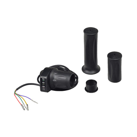 24 Volt 4 Wire Half Grip Twist Grip Throttle with LED Battery Level Meter for the Monster Moto / Mega Moto MM-eRCH, featuring a black cylindrical device with wires and integrated handlebar components.