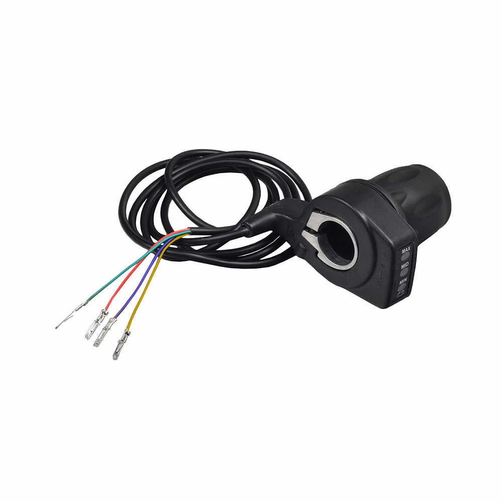 24 Volt 4 Wire Half Grip Twist Grip Throttle with LED Battery Level Meter for the Monster Moto / Mega Moto MME-250 (MM-E250), featuring a black device with visible colored wires and an LED indicator.