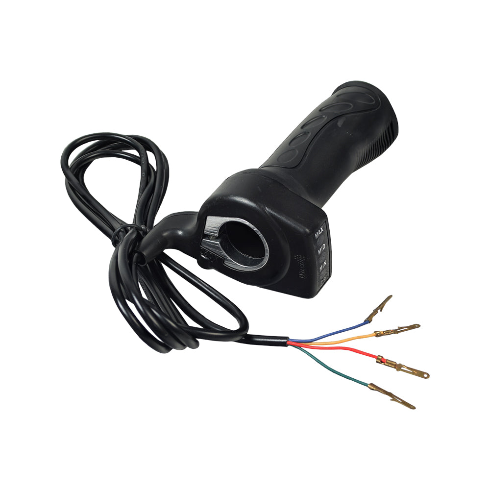 48 Volt 4 Wire Hand Throttle with LED Battery Level Meter, showing a black handle and multiple colored wires with metal clips, designed for electric scooters, featuring three LED indicators for battery charge levels.