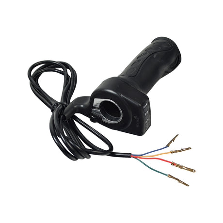 48 Volt 4 Wire Hand Throttle with LED Battery Level Meter, showing a black handle and multiple colored wires with metal clips, designed for electric scooters, featuring three LED indicators for battery charge levels.