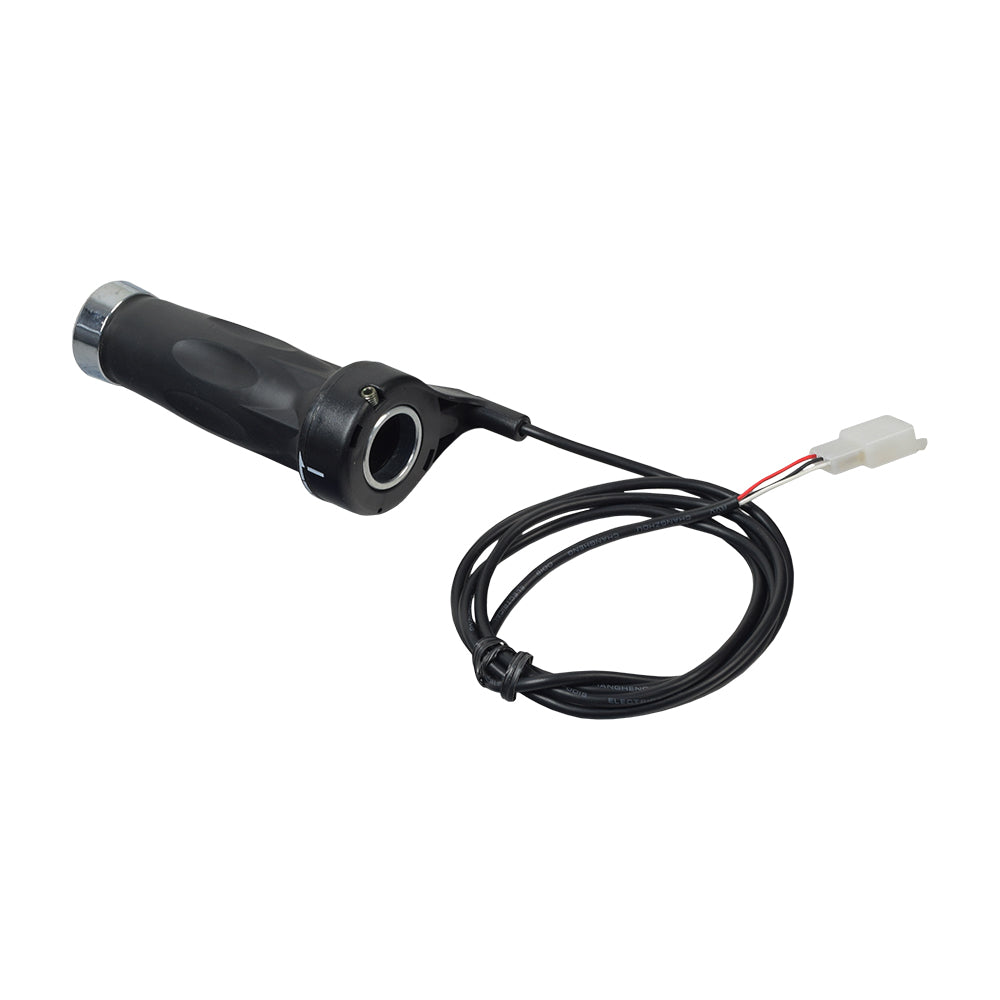 Hand Throttle with 3 Wires & Chrome End Cap: Black handlebar featuring a visible throttle cable with red, black, and green wires, commonly used for electric scooters.