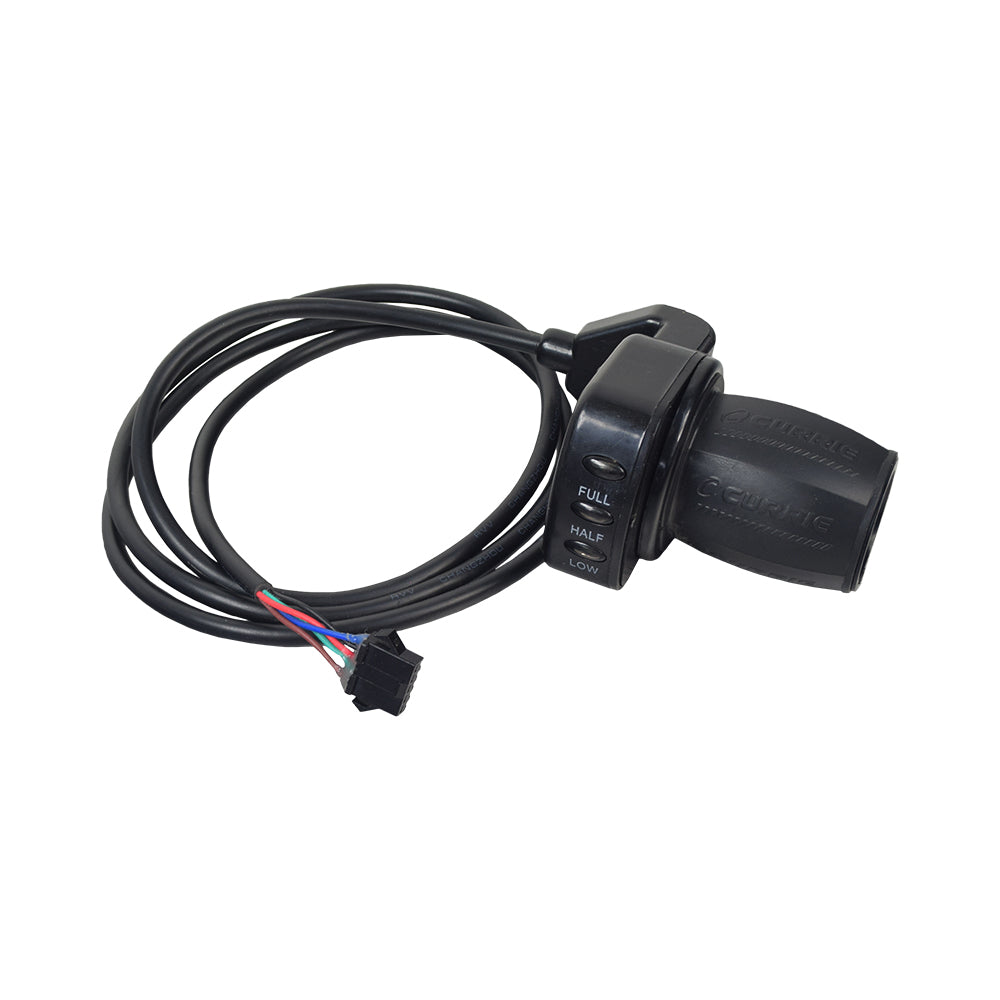 Currie 24 Volt 5-Pin Electric Bike Throttle with LED light display and twisting grip, featuring a 45 throttle wire and a black connector cable.