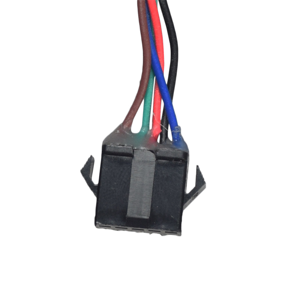 24 Volt 750 Watt Motor, 5-Pin Controller, & Throttle Kit featuring a black rectangular motor with colored wires and close-up views of connected wires and components.