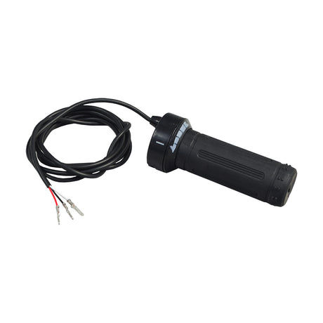 Electric Scooter Parts: Hand Throttle with 3 Wires – Depicts a black handle attached to a cable, compatible with various scooters and bikes, visible close-up details of the wiring connections.