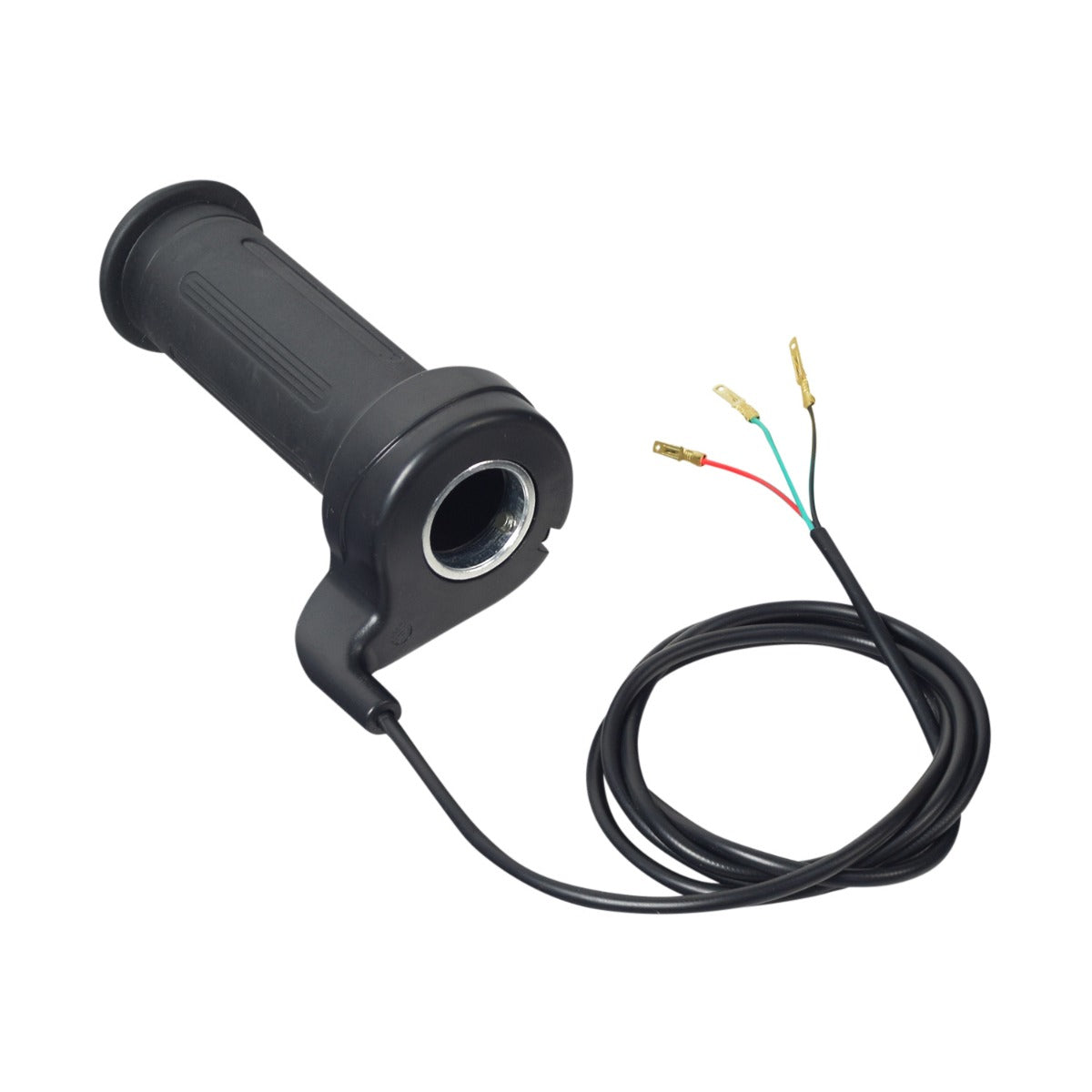 48 Volt 500 Watt Motor, Controller, & Throttle Kit for scooters & bikes, showcasing a black handle with wires, connectors, and a close-up of a black plastic cylinder and wheel.