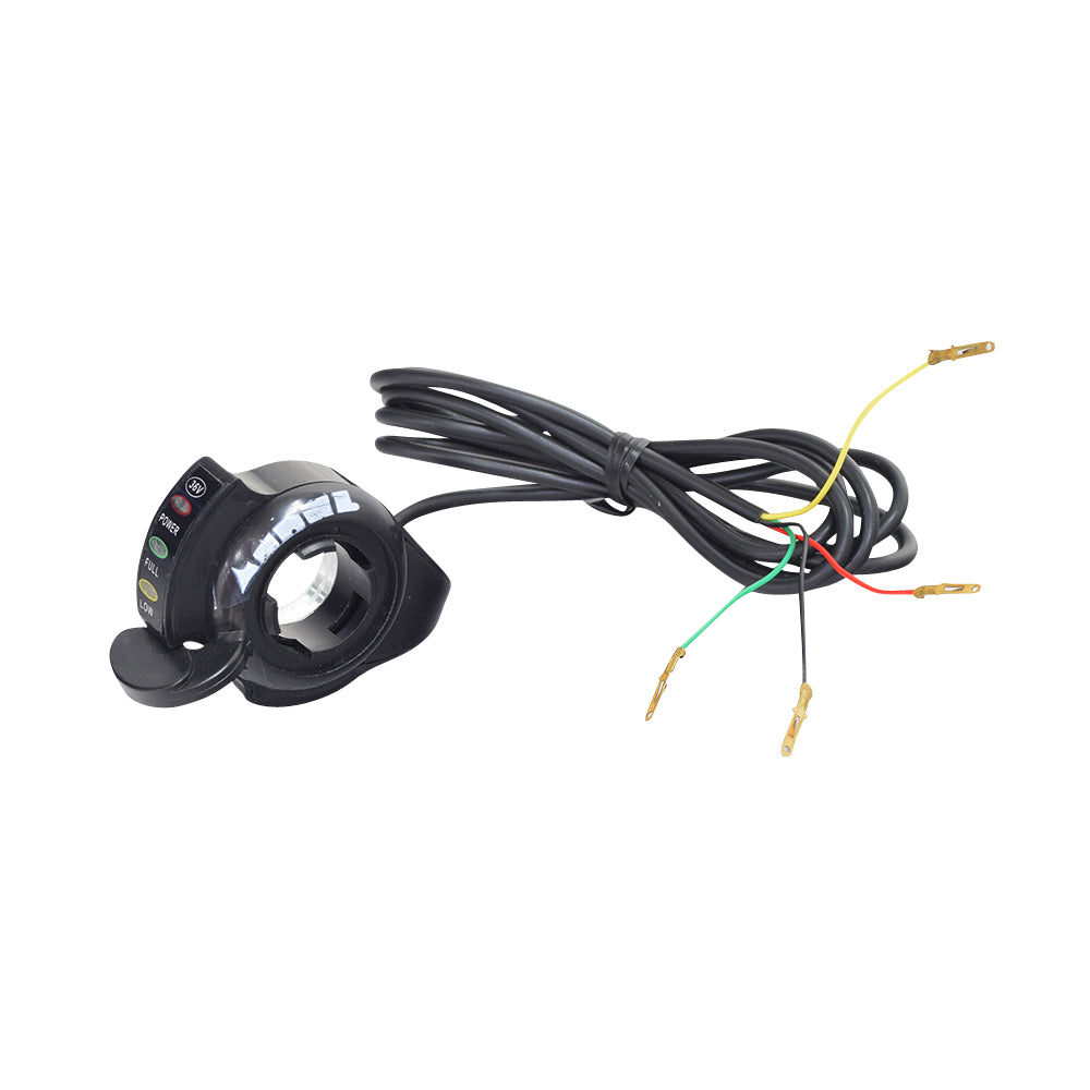 Thumb Throttle with 4 Wires for Razor Scooters (E200/E200S, E300/E300S, Ground Force, Ground Force Drifter, & Dune Buggy), featuring a black device with a number and an attached black cable with a white button.