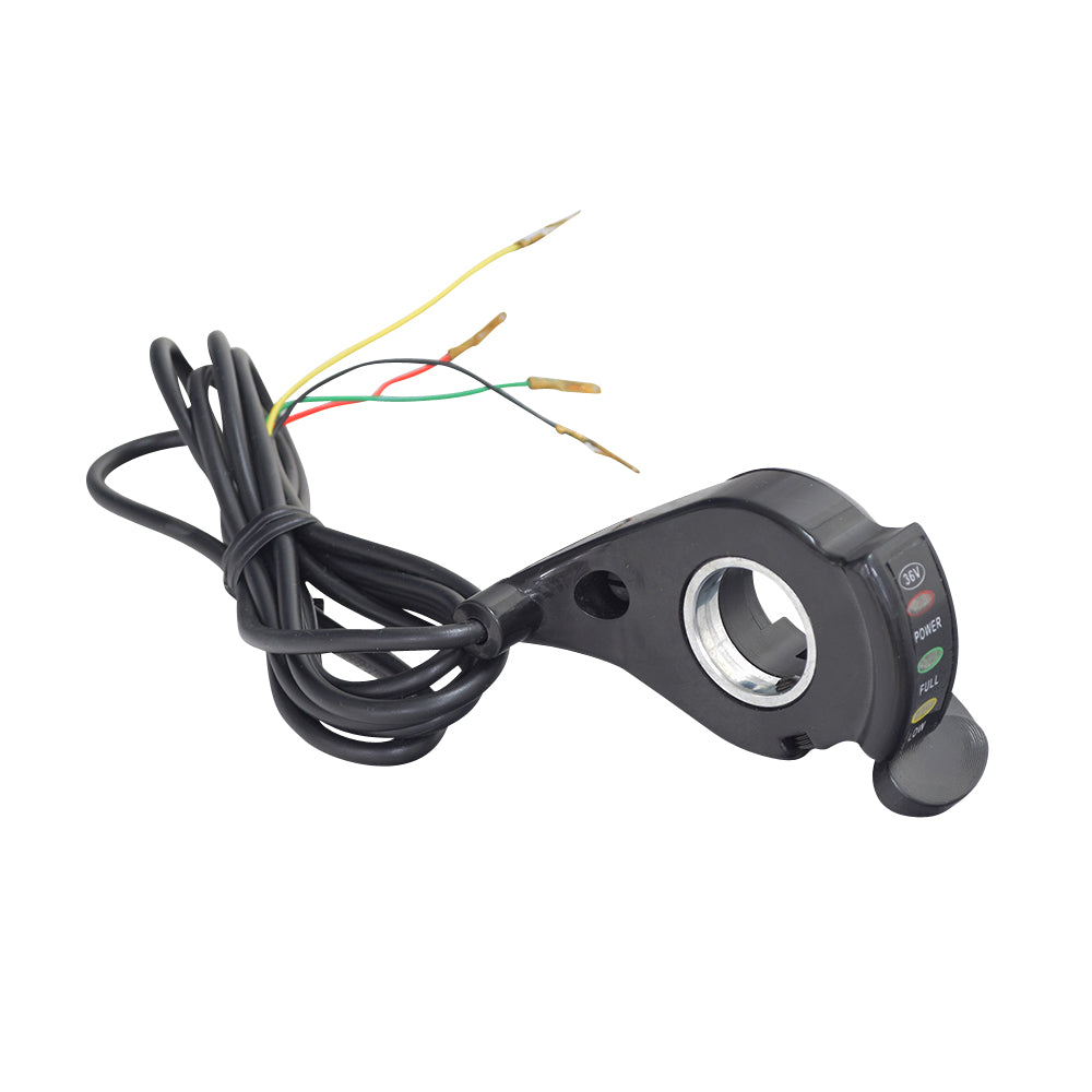 Thumb Throttle with 4 Wires, designed for electric scooters, showing a black switch with attached wires for power, ground, speed signal, and optional battery level indicator.