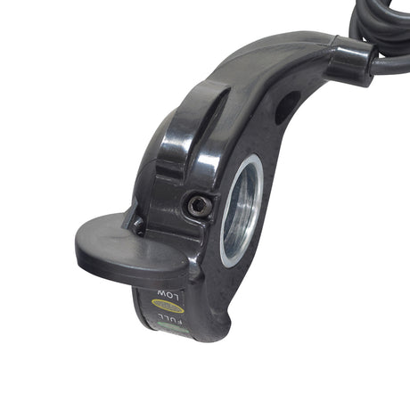 Razor Variable Speed 4-Wire Thumb Throttle for Razor Ground Force (Versions 1-12) electric scooters, featuring a black handle and visible wires. Close-up includes a metal ring, screw, and black cable.