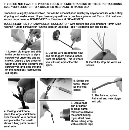 Razor Variable Speed 4-Wire Thumb Throttle for Razor Ground Force (Versions 1-12) with a visible manual showing wiring instructions.