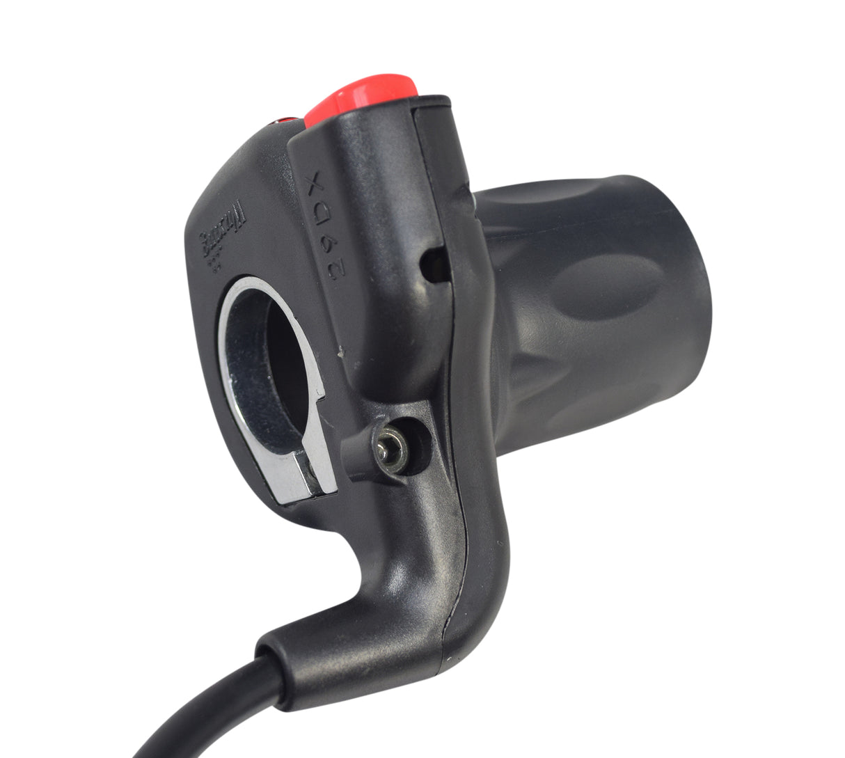 Throttle for the eZip Trailz Electric Bike, featuring a black casing with a prominent red button. Includes three connectors for HAL Sensor, Battery Gauge, and PAST/TAG Button.